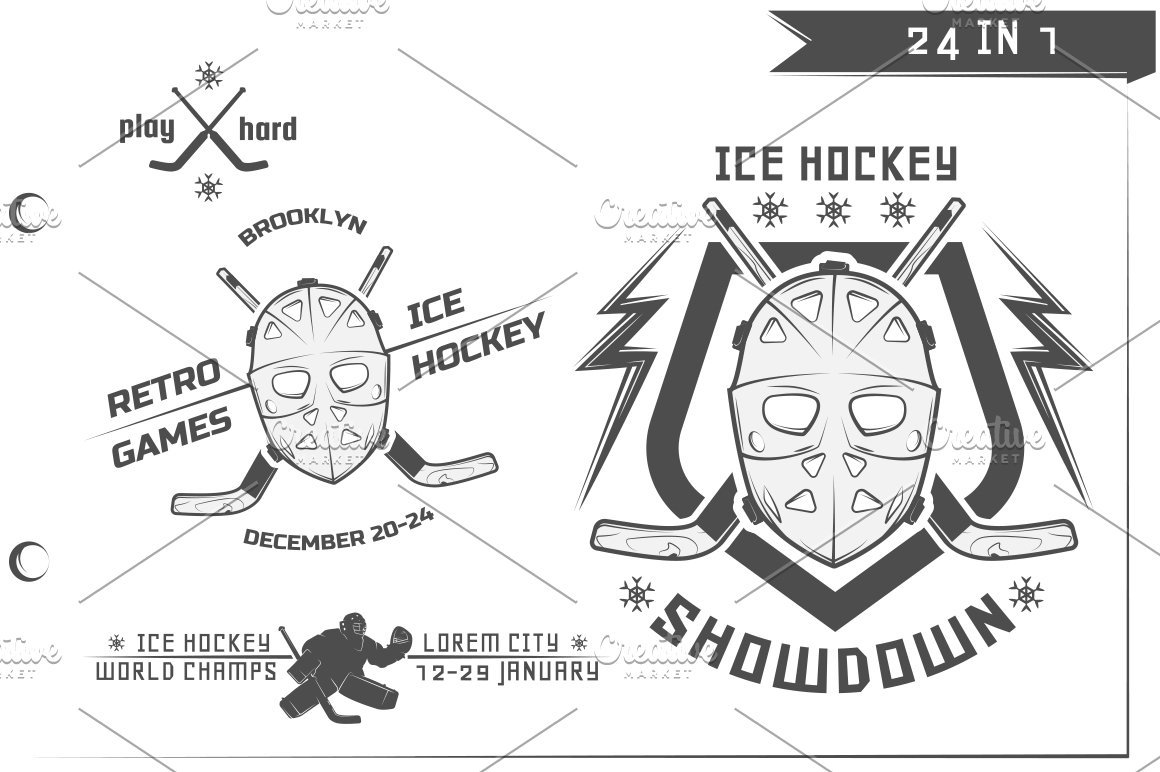 Illustration of a hockey emblem and this logo on a white background.
