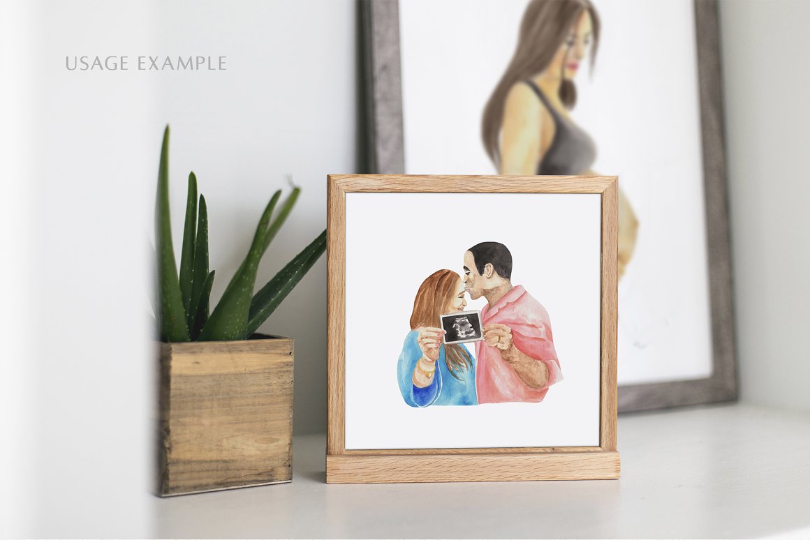 Painting of parents-to-be in wooden frame.