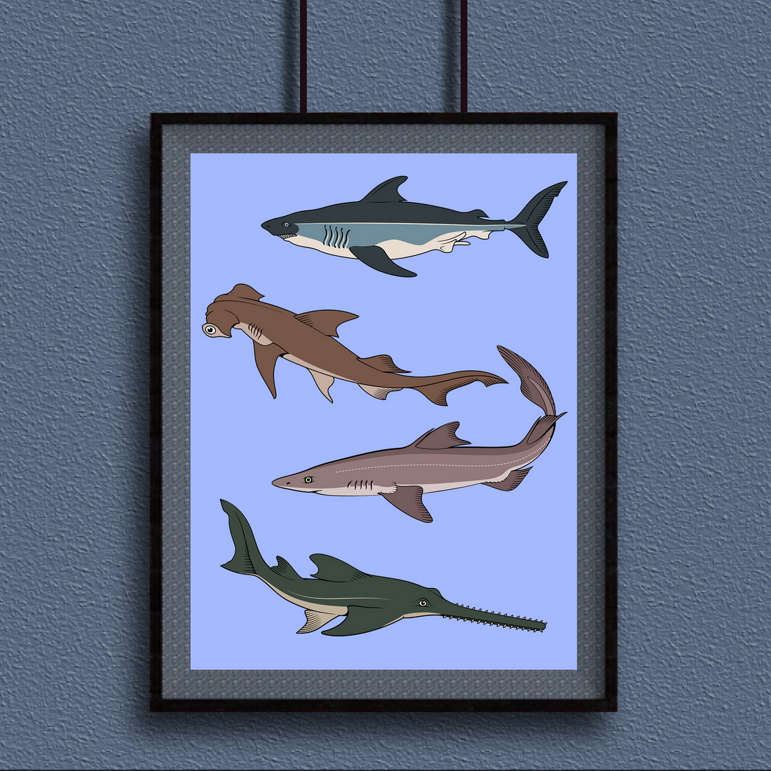 Image of a painting with 4 types of sharks.