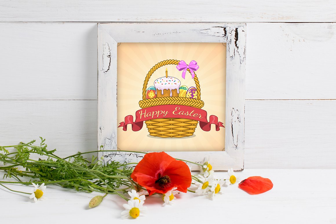 Painting with easter basket with easter eggs and easter cake in wooden frame.