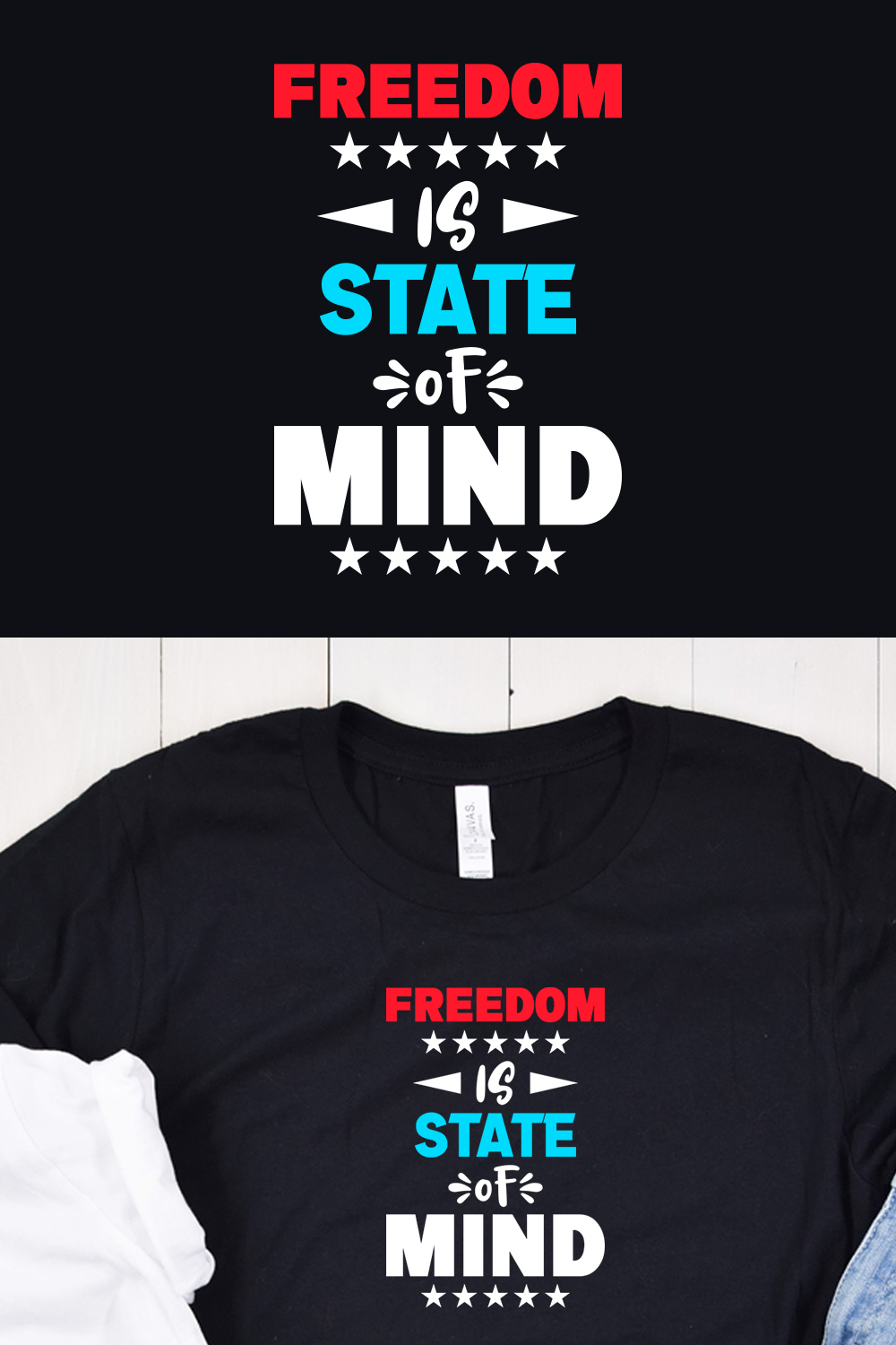 Image of a black t-shirt with an exquisite "freedom is state of mind" lettering in red and white and turquoise colors.