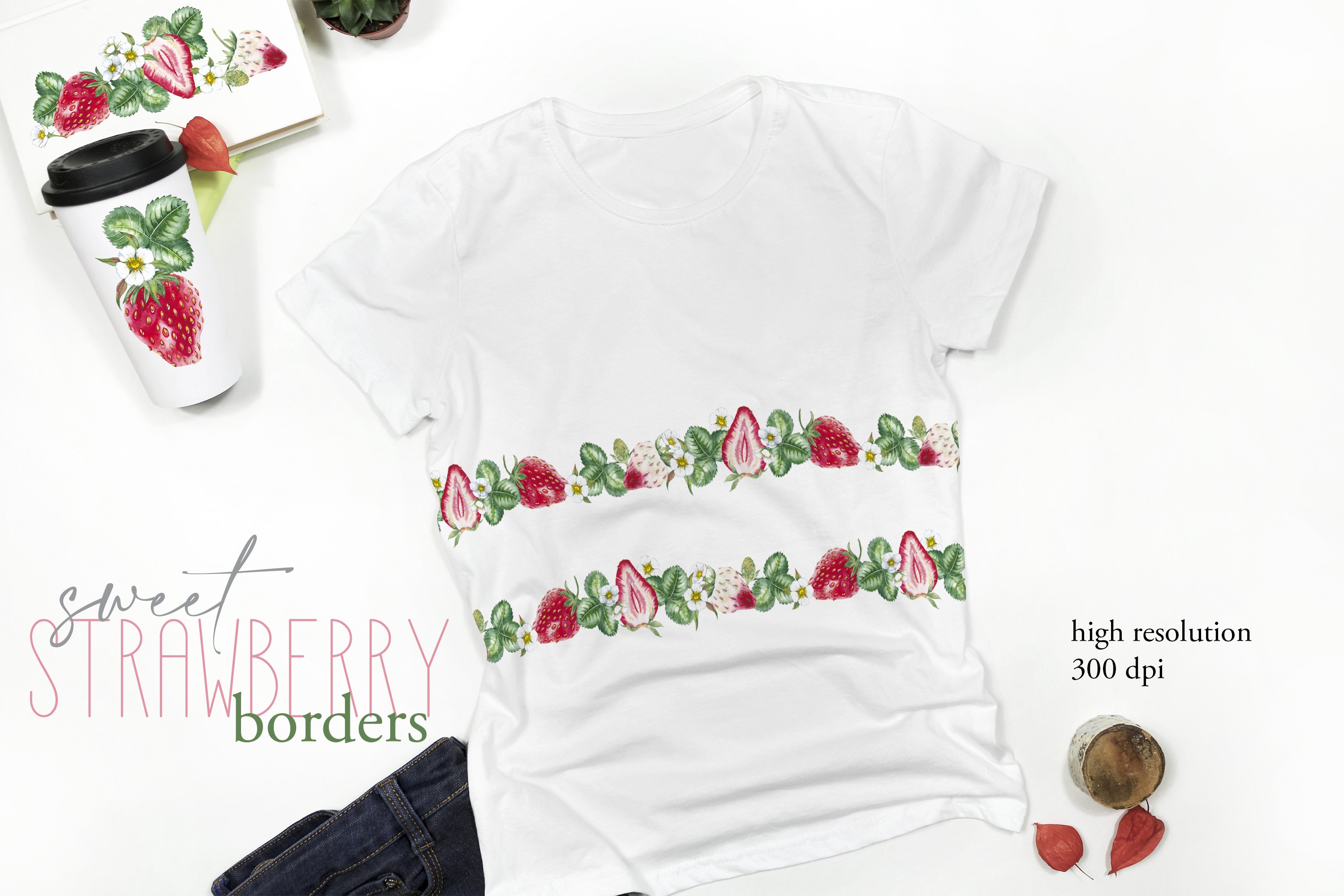 White t-shirt with 2 strawberry sweet borders.
