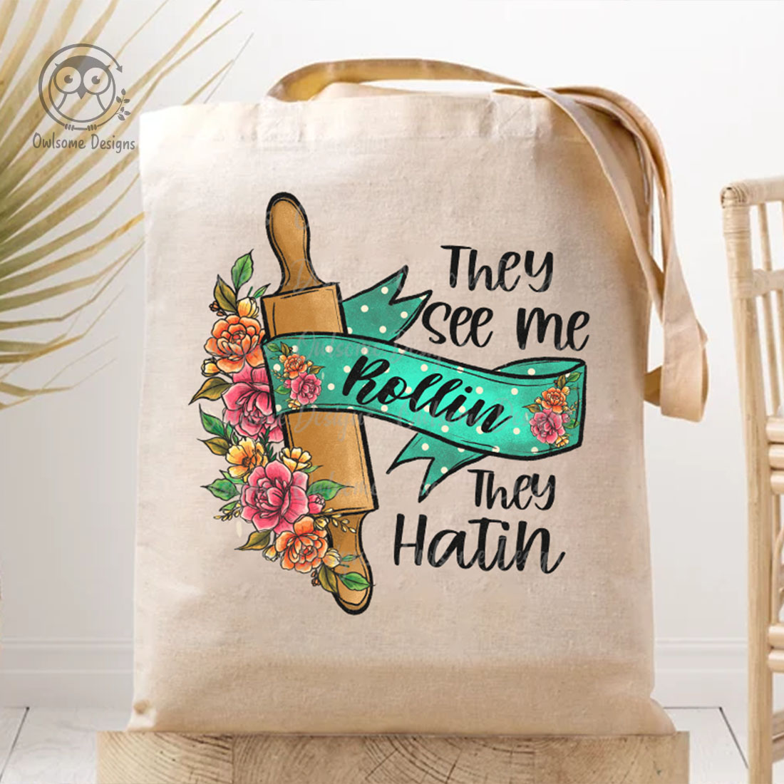Picture of a bag with a unique print with a rolling pin.