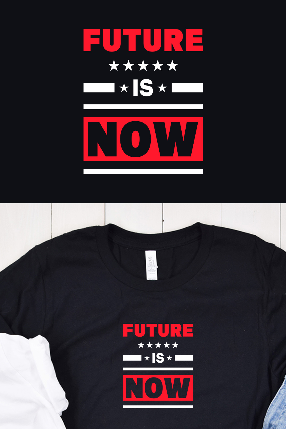 Image of black t-shirt with adorable "future is now" lettering in red and white and black colors.