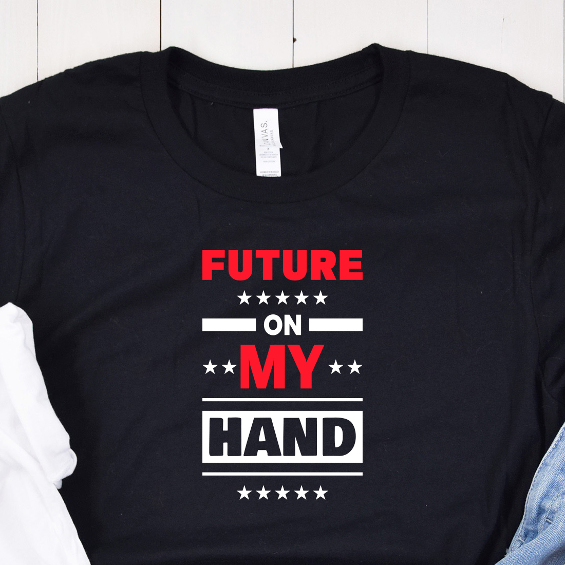 Image of a black t-shirt with a charming "future on my hand" lettering in red and white colors.