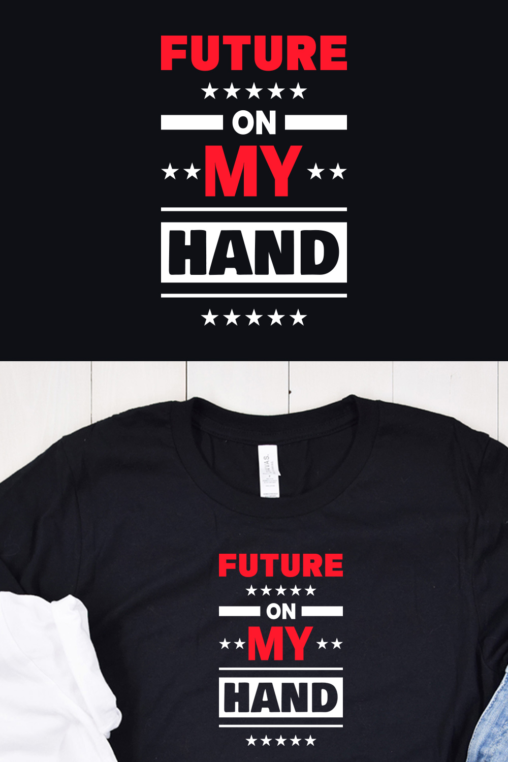 Image of a black t-shirt with a beautiful inscription "future on my hand" in red and white colors.