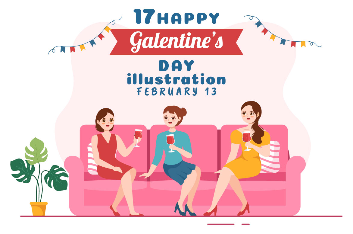 Colorful image of girls celebrating galentines day.
