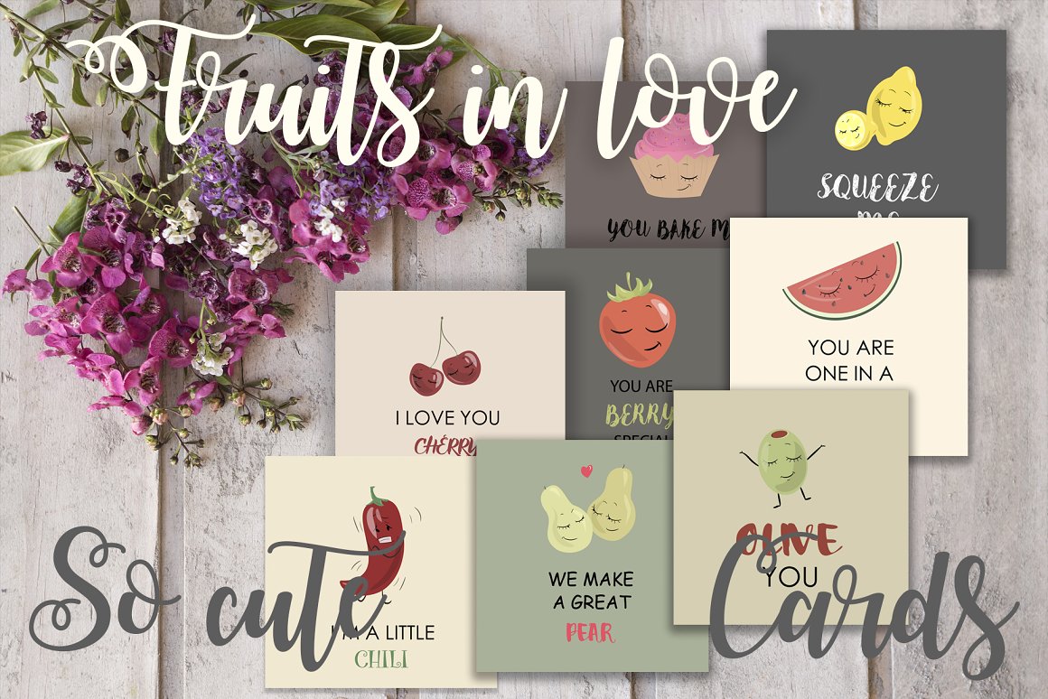 White lettering "Fruits In Love" and 8 different cards with illustrations of fruits.