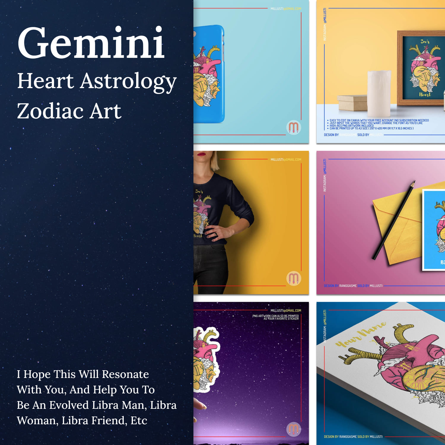 Gemini Heart Astrology Zodiac Art.