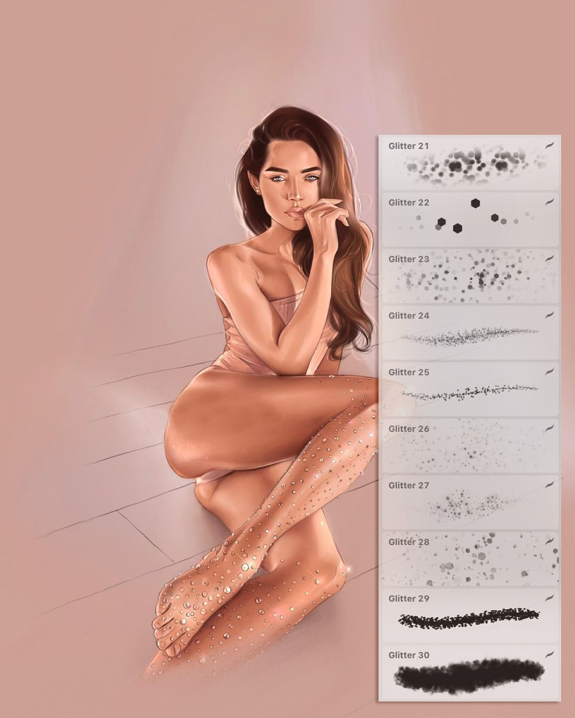 Naked woman with glitter brushes.