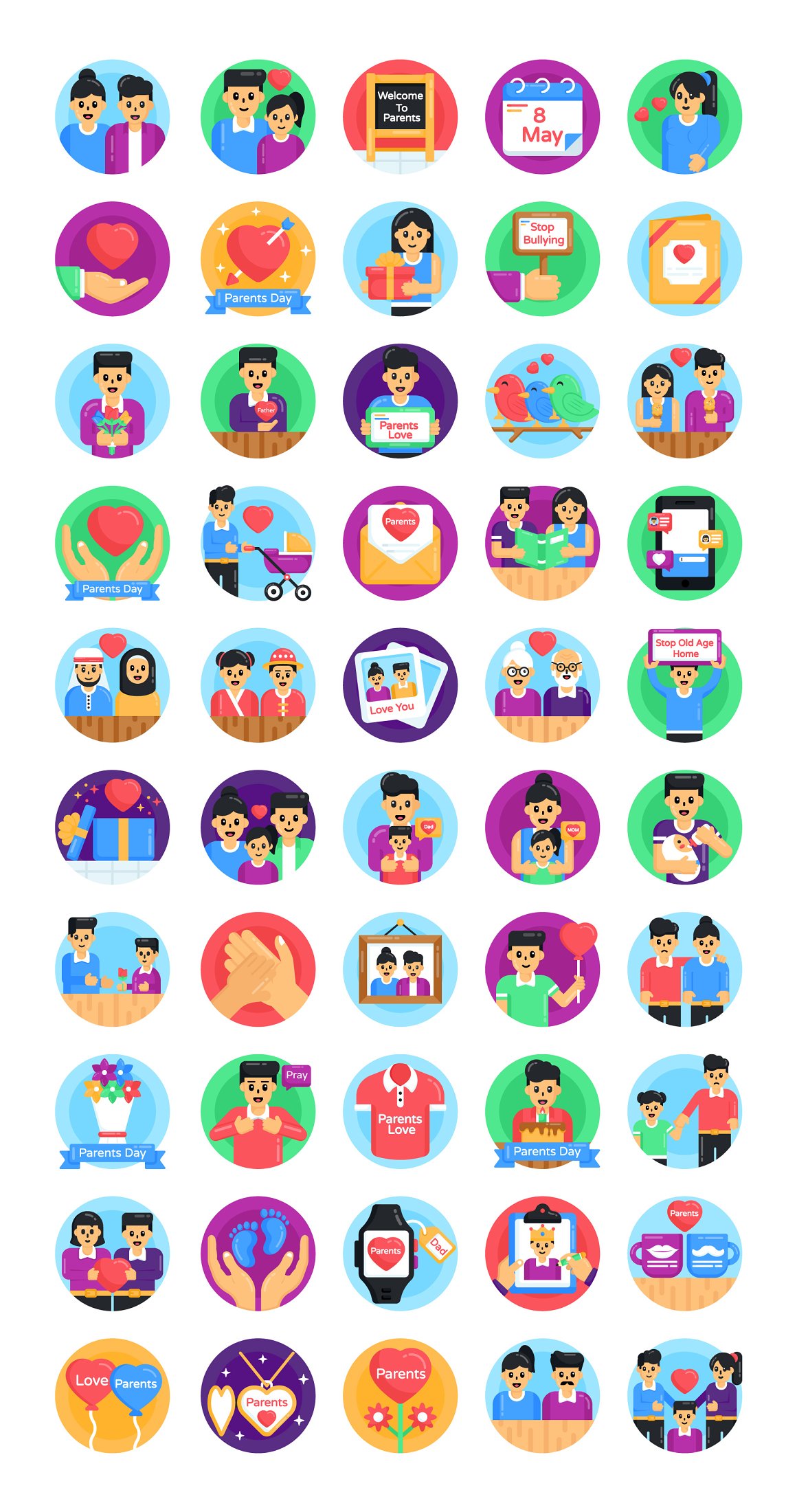 A set of 50 colorful global parents day flat icons on a white background.