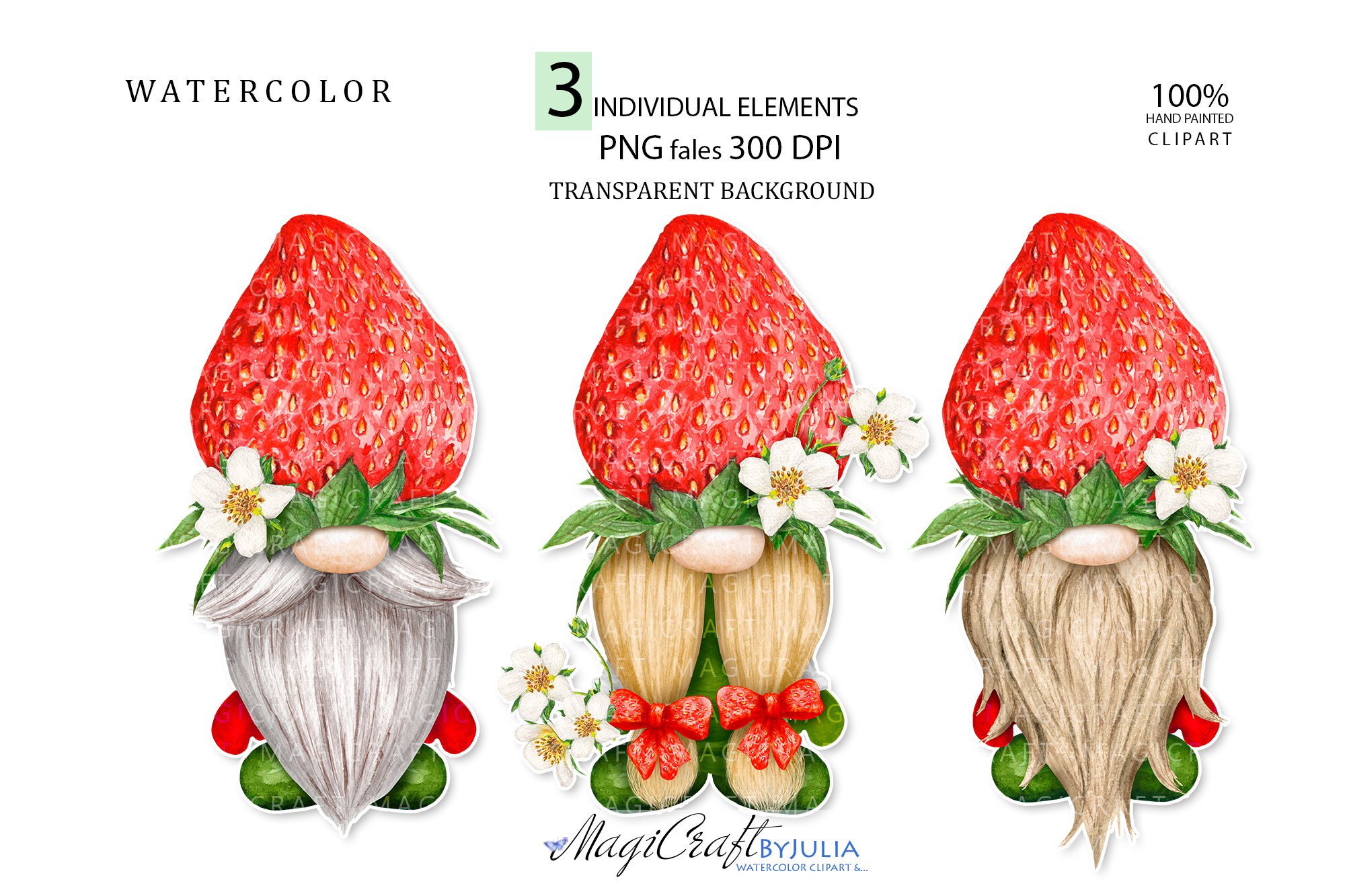3 different watercolor illustrations of a gnome strawberry on a white background.