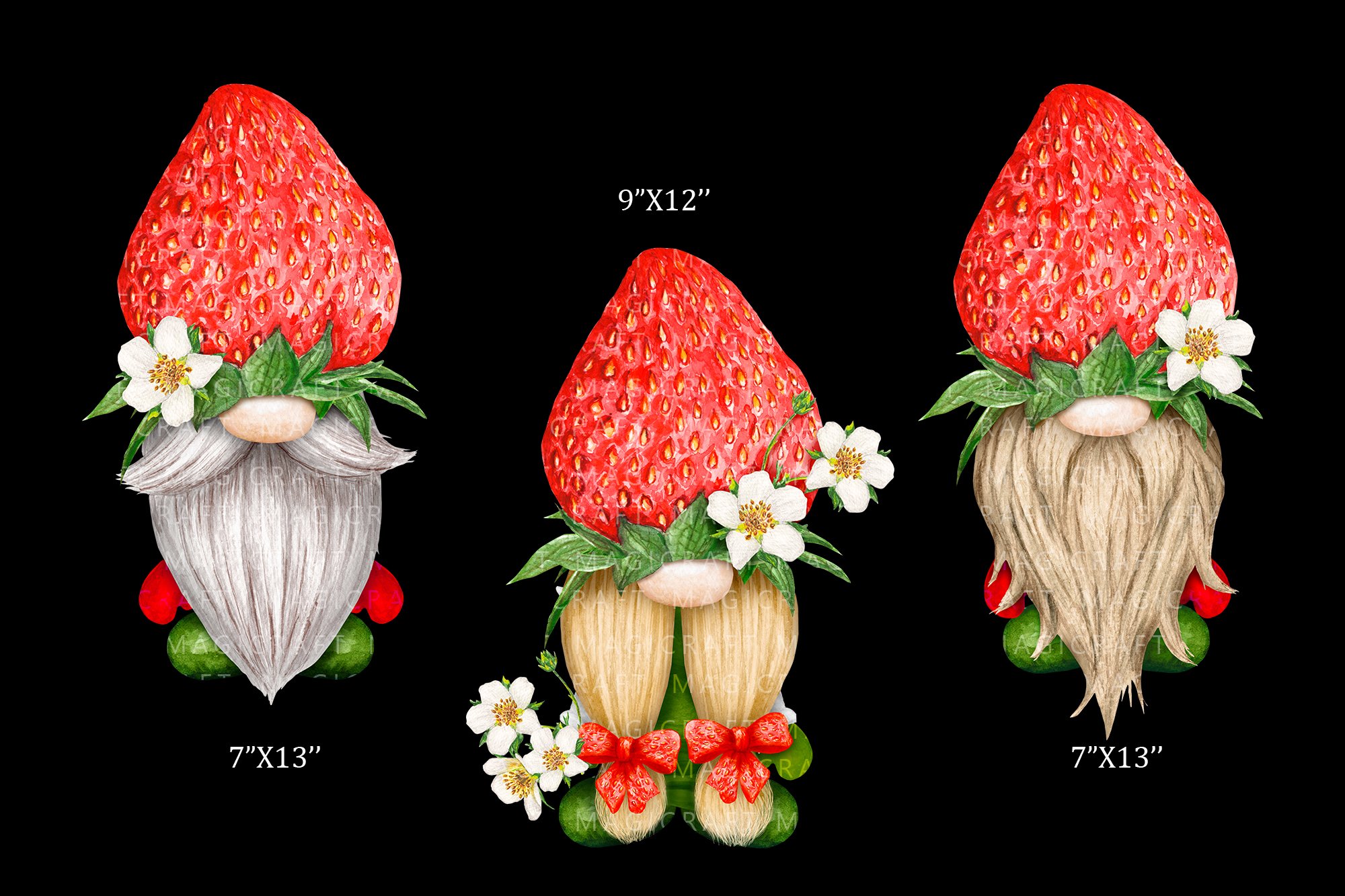 A set of 3 different drawings of a gnome strawberry on a black background.