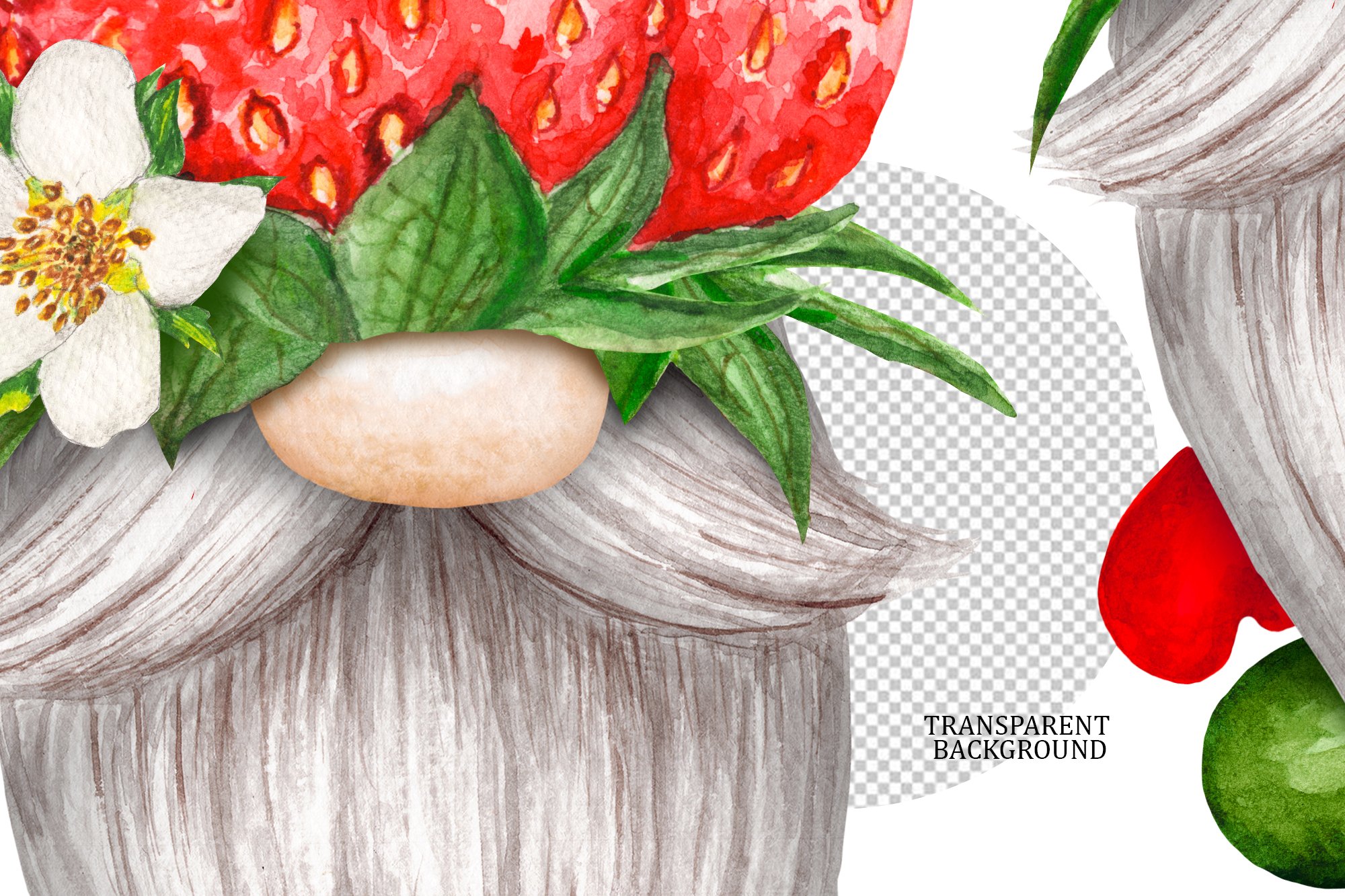 Watercolor drawing of a gnome strawberry on a transparent background.