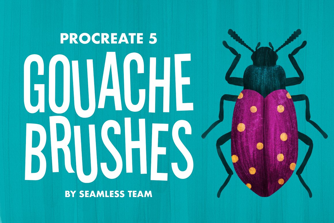 White lettering "Procreate 5 Gouache Brushes" and illustration of a beetle on a blue background.