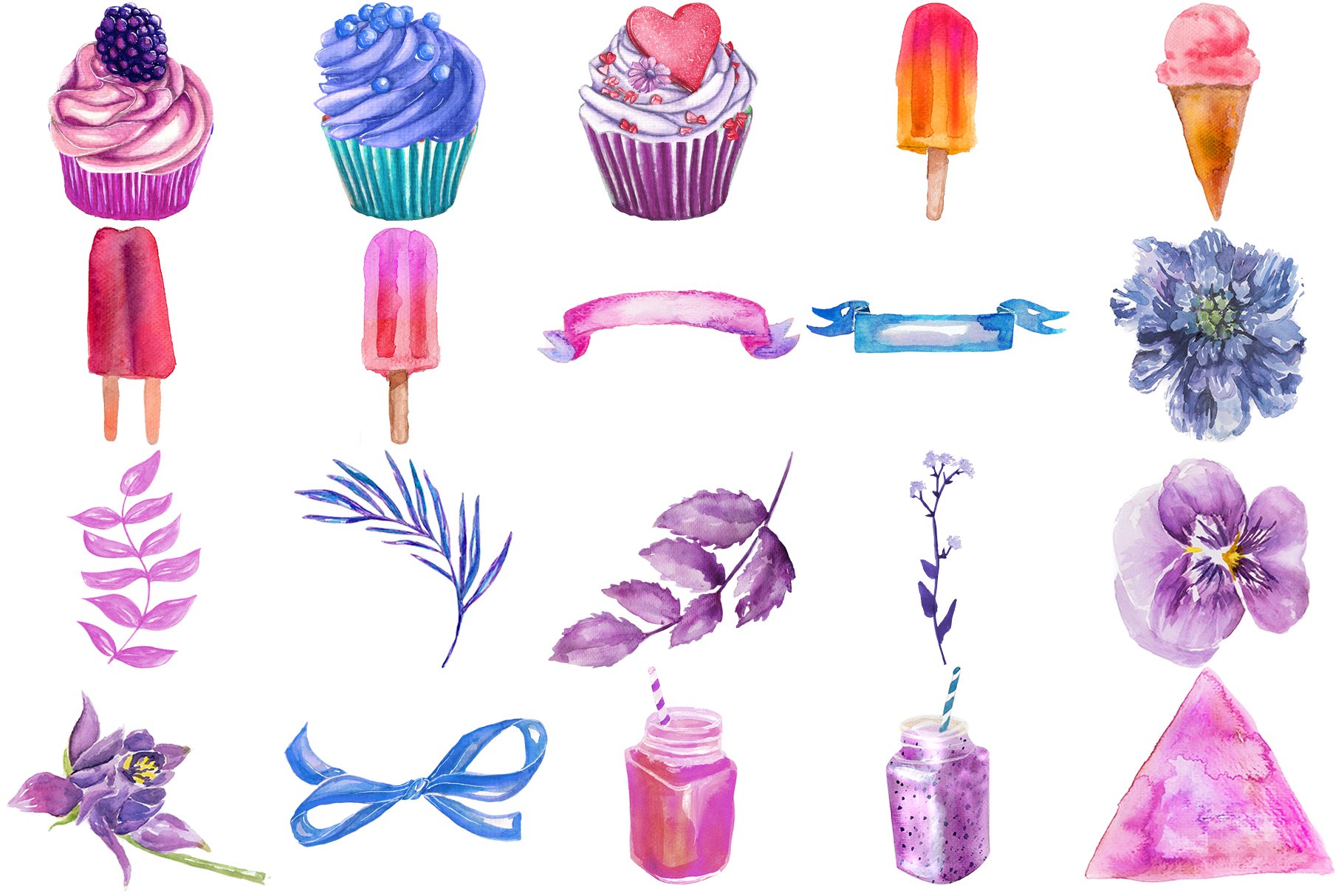 Some colorful watercolor elements to decor your desserts.