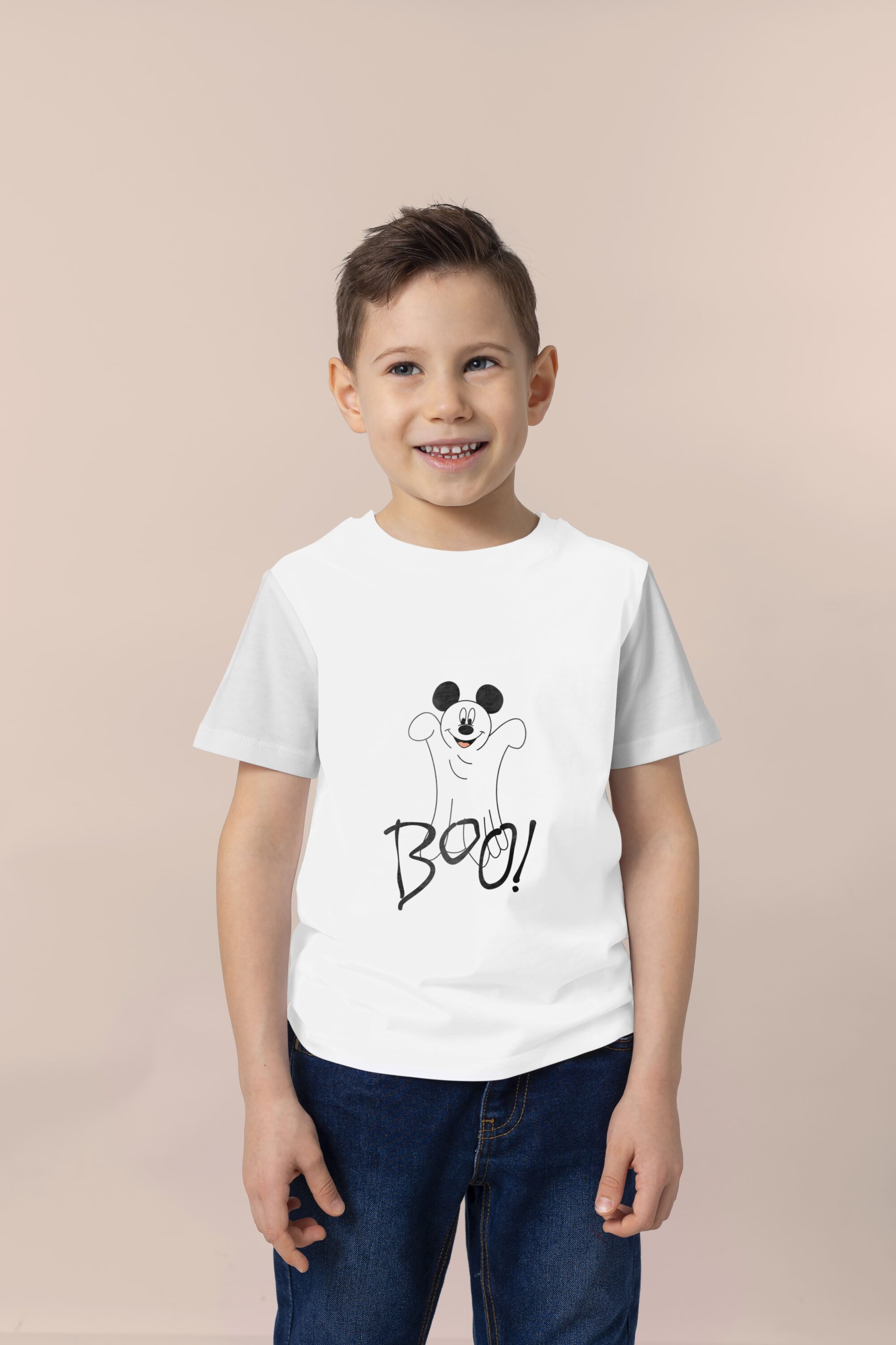 Mickey Mouse ghost with lettering on a classic white t-shirt.