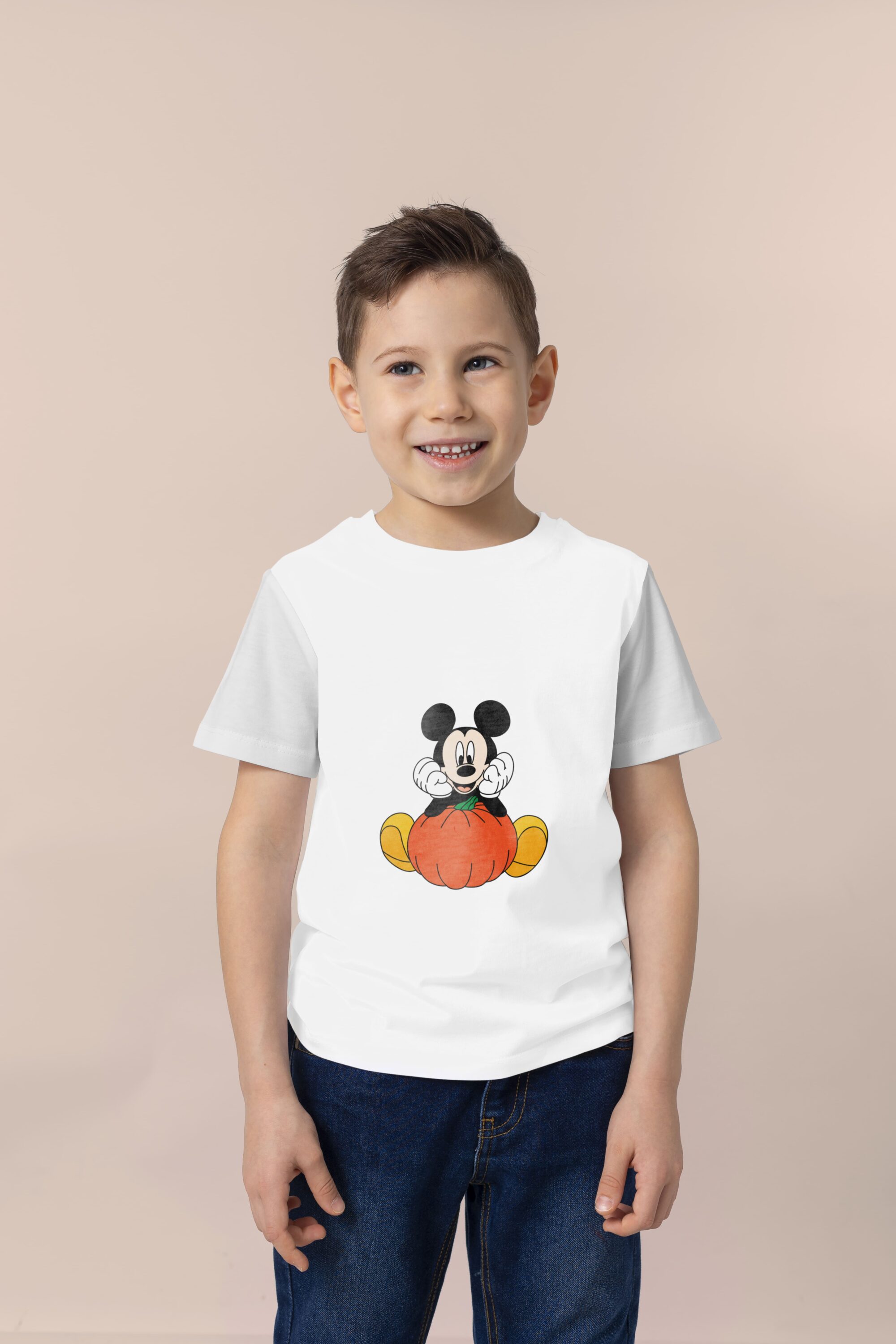 Calm colorful Mickey Mouse with a pumpkin.