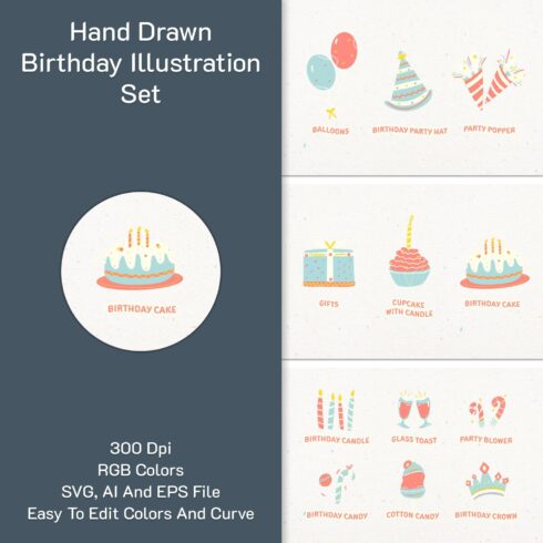 Hand Drawn Birthday Illustration Set.