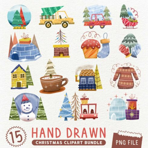 Hand Drawn Christmas Watercolor PNG Clipart Design cover image.