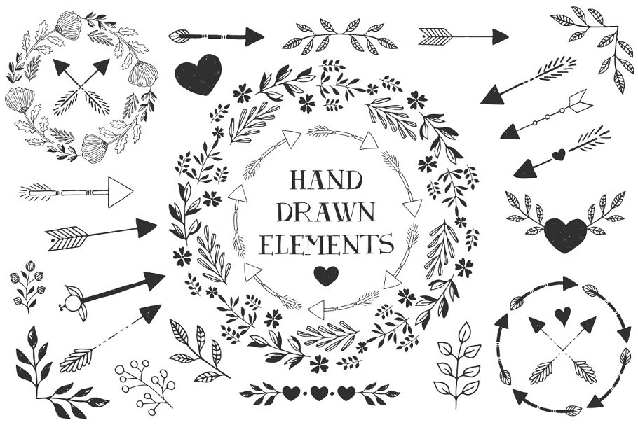 Outlined hand drawn elements for valentine day.