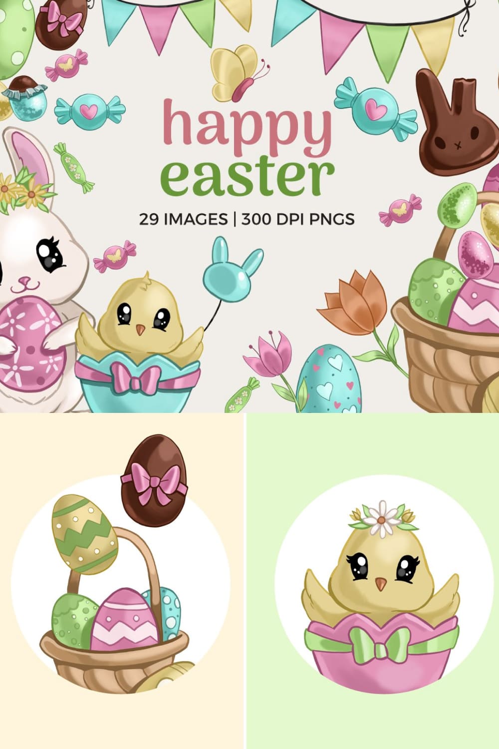 Collage with Easter eggs, cute chickens, flowers, rabbits.