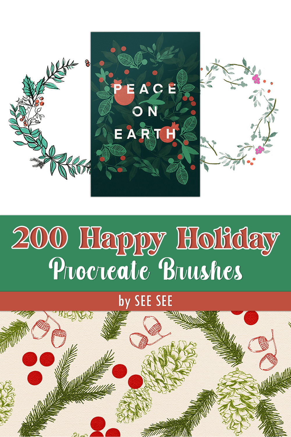 200 Happy Holiday Procreate Brushes - pinterest image preview.