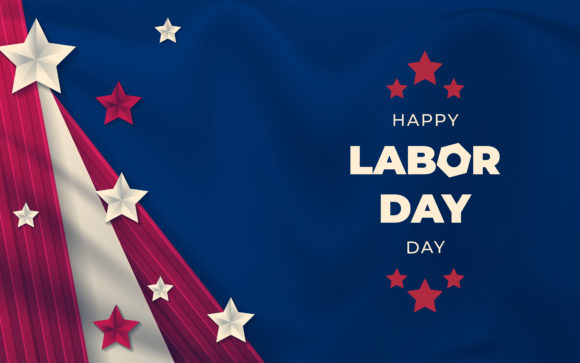 White lettering "Happy Labor Day" on a blue background with white and red stars.