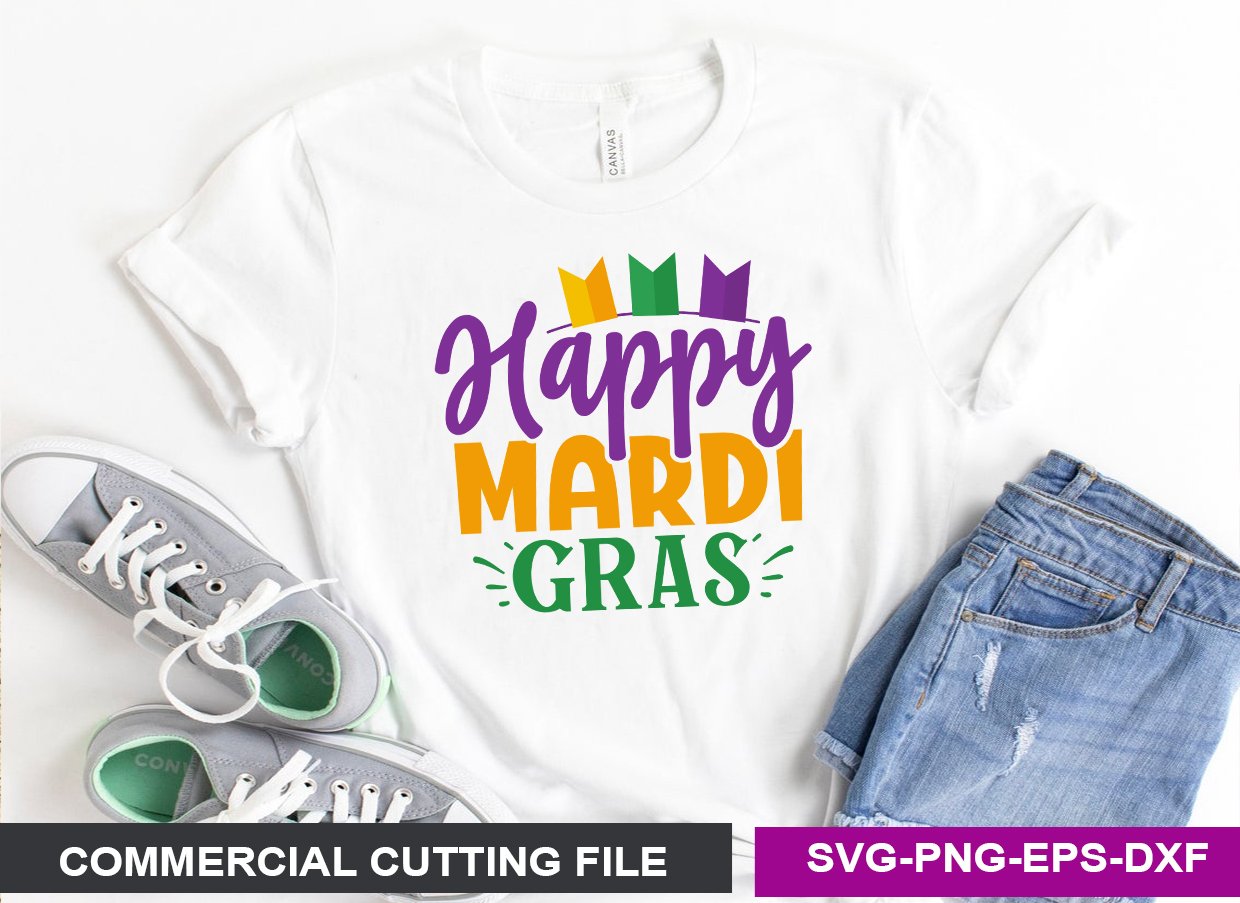 Happy mardi gras with crowns on a white t-shirt.