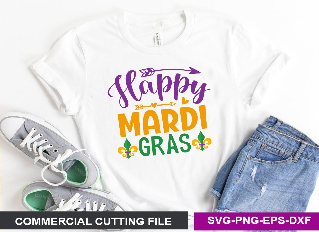 White t-shirt with a happy mardi gras graphic.