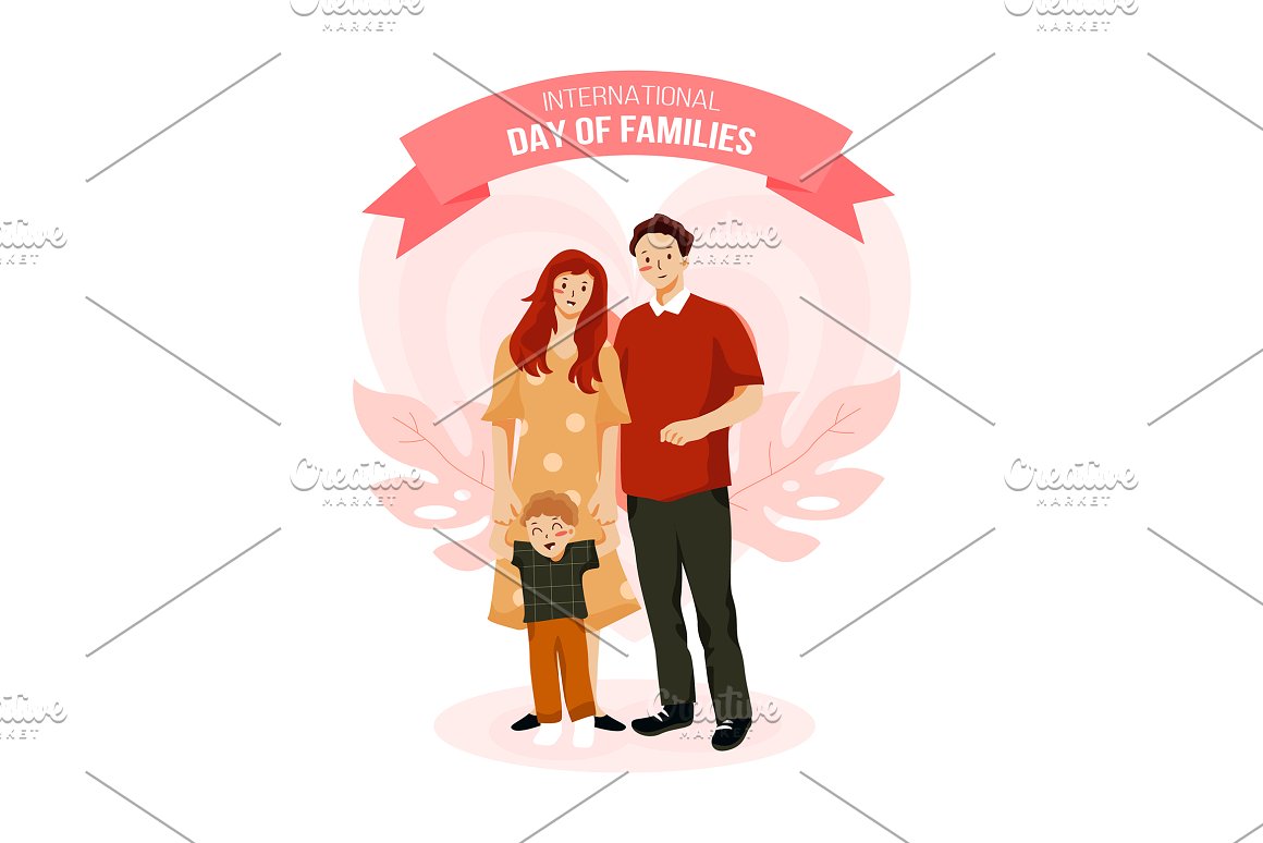Pink frame with illustration of family on a white background.
