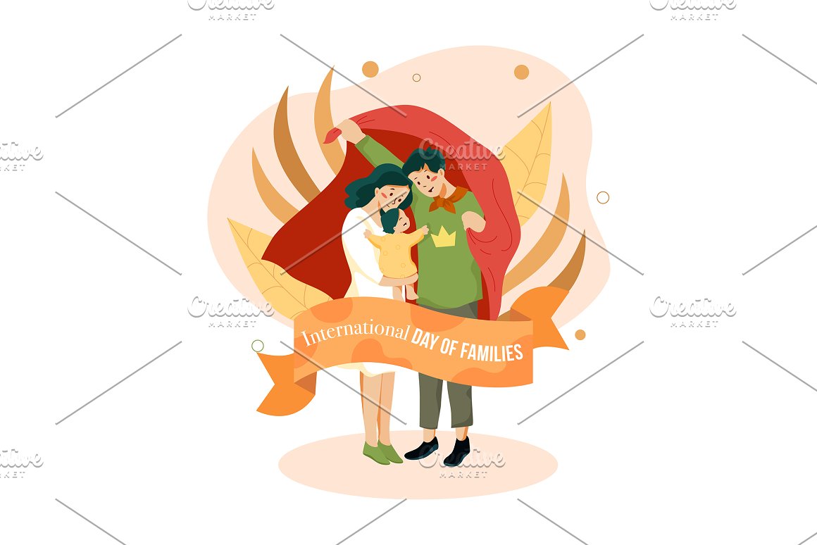 Illustration of family and white lettering.