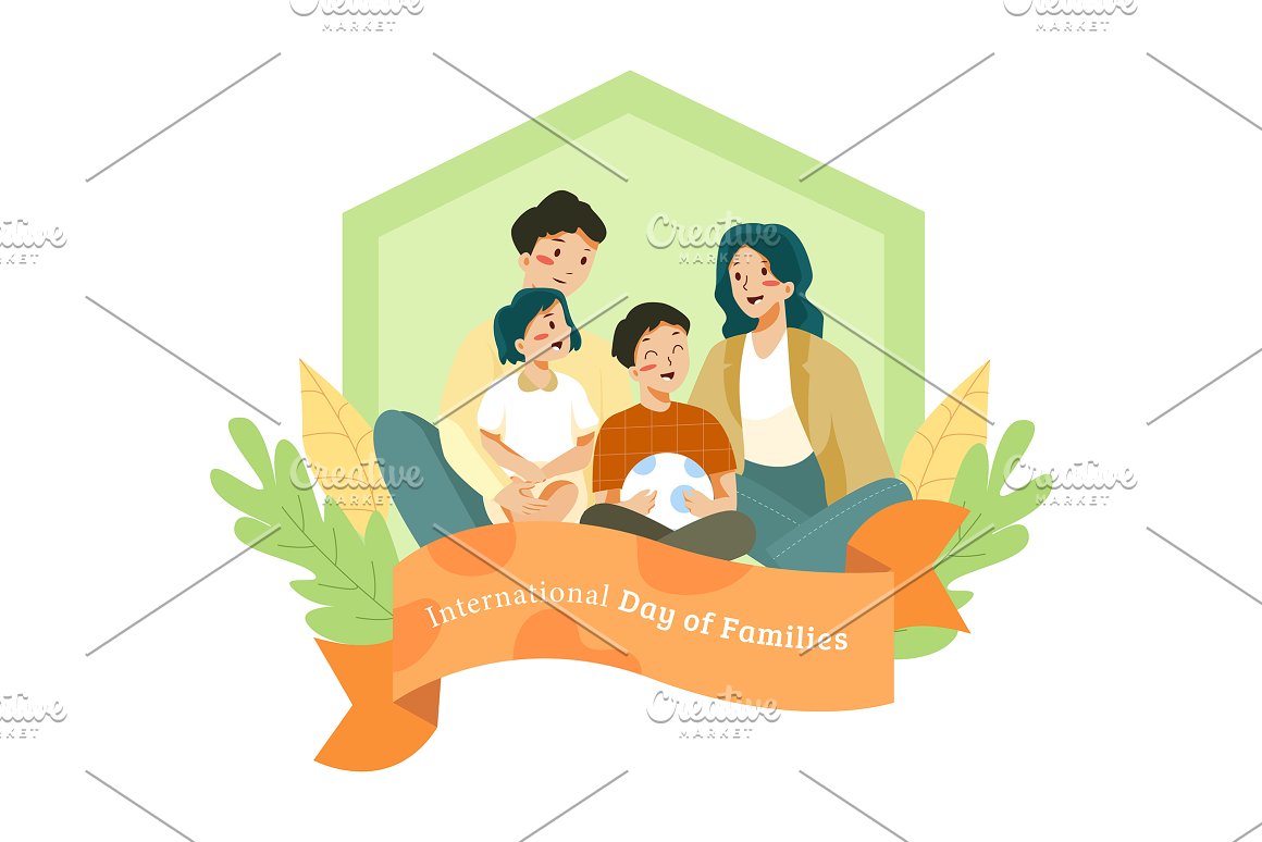 Smiling family illustration on a green-orange frame with white lettering.