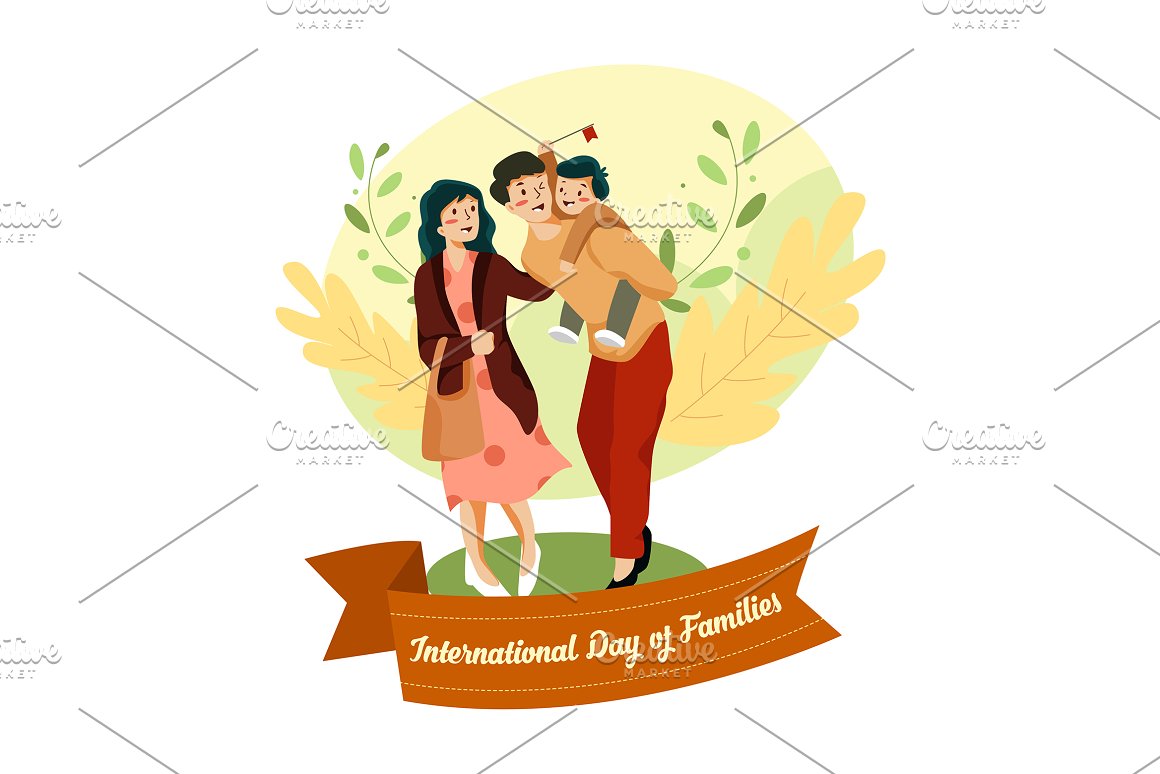 Orange frame with white lettering "International Day Of Families" and family illustration.