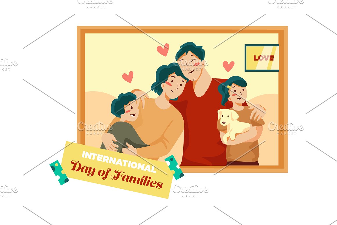 Painting with family in orange frame on a white background.