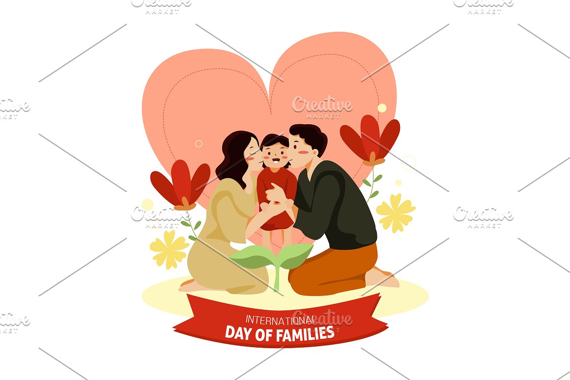 White lettering "International Day Of Families" on a red frame and family illustration.
