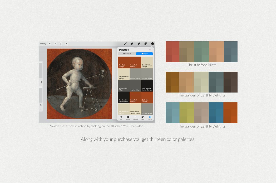 3 examples of a color palette and a drawing in this palette on a gray background.