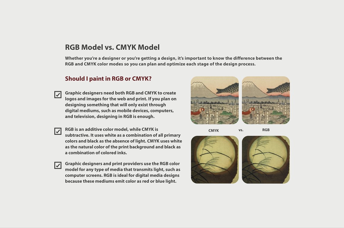 4 examples of RGB model vs CMYK model on a gray background.