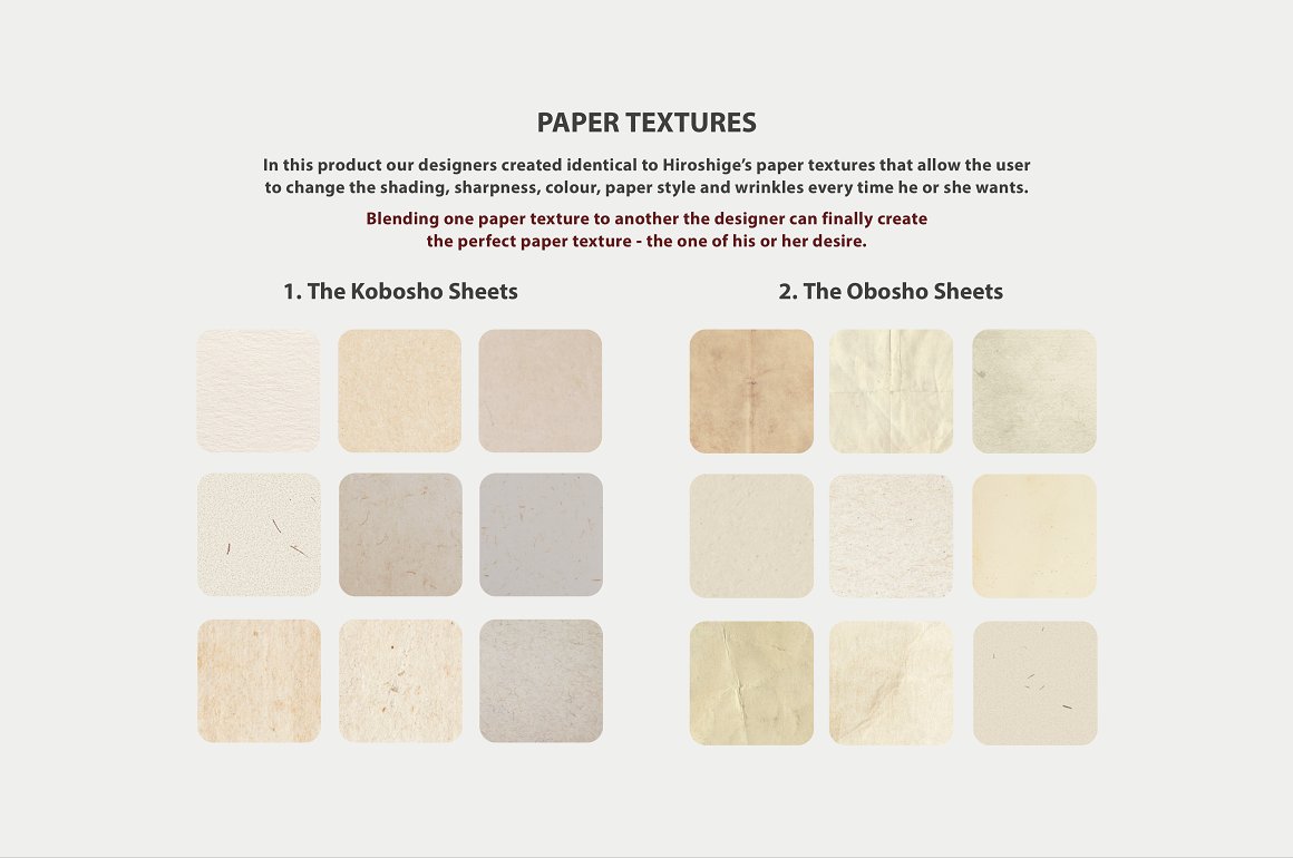 A set of 9 different The Kobosho Sheet paper textures and 9 different The Obosho Sheet paper textures.