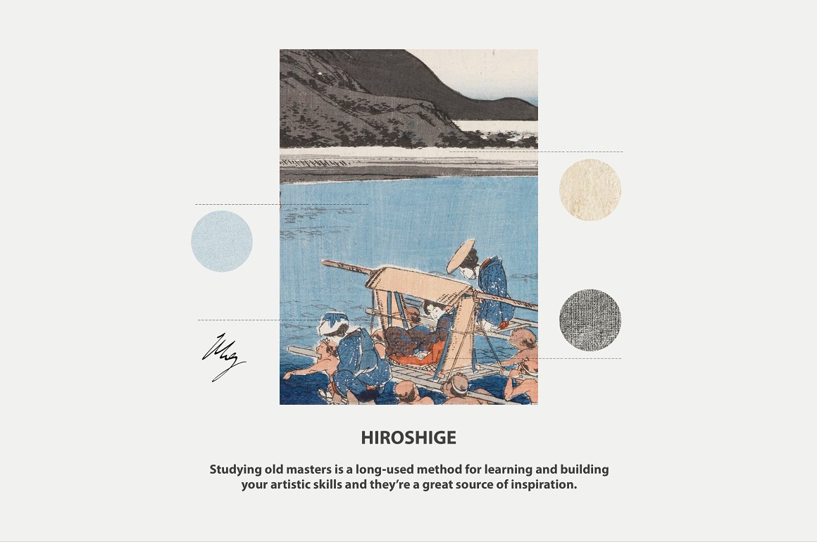 Hiroshige painting with black lettering on a gray background.
