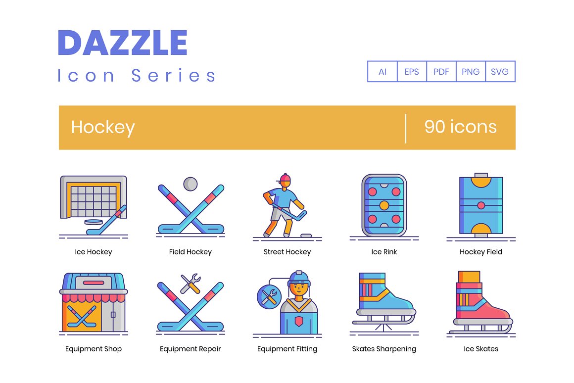 Blue lettering "Dazzle Icon Series" and 10 different hockey icons.