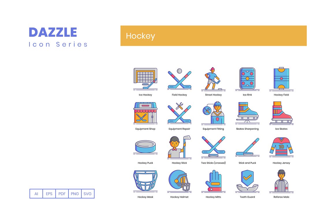 A set of 20 different hockey icons on a white background.