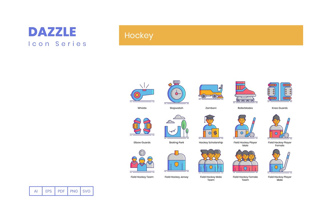Colorful set of 15 hockey icons on a white background.