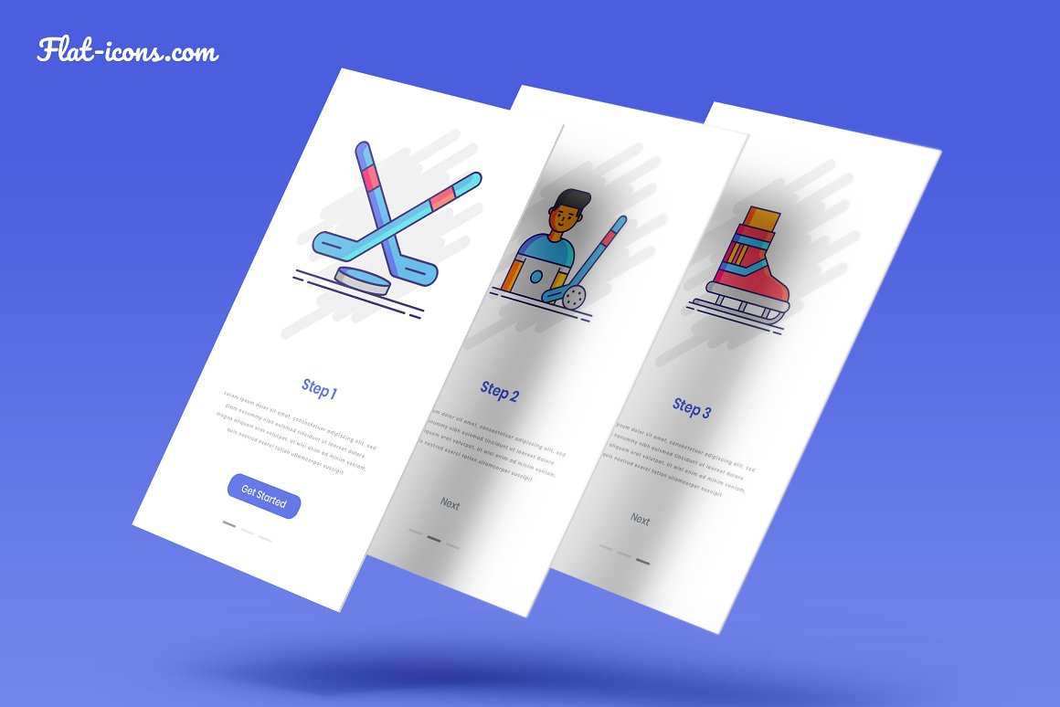 Application screen mockups with hockey icons.