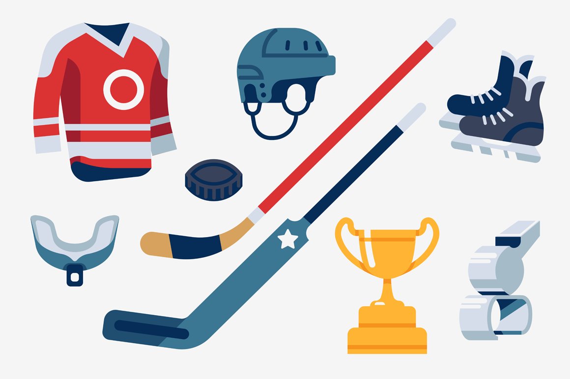 A set of different illustrations of hockey elements on a gray background.