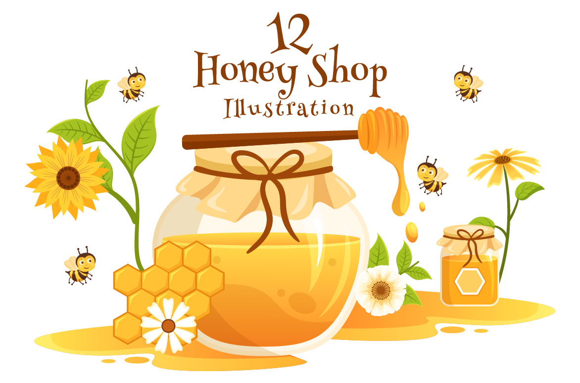 Cartoon image with a jar of honey and bees.