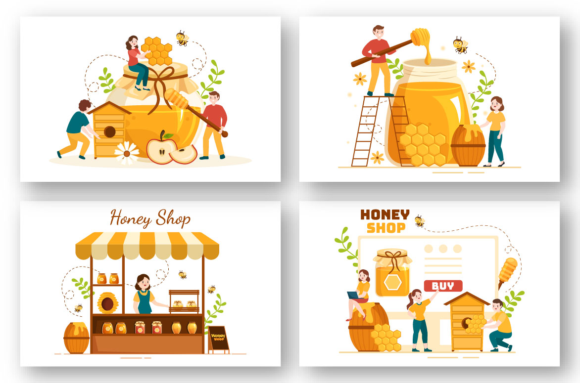 Pack of cartoon images with honey jar and honey shop.