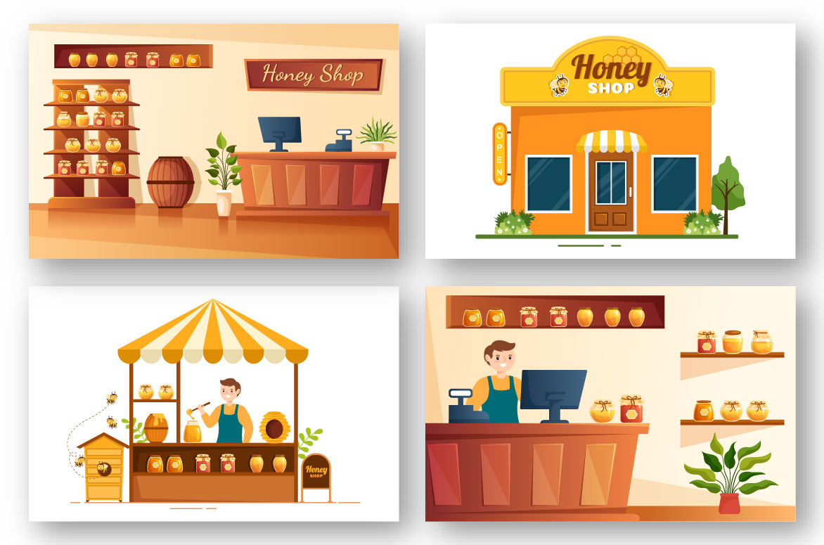 Set of adorable images of shops with hone.