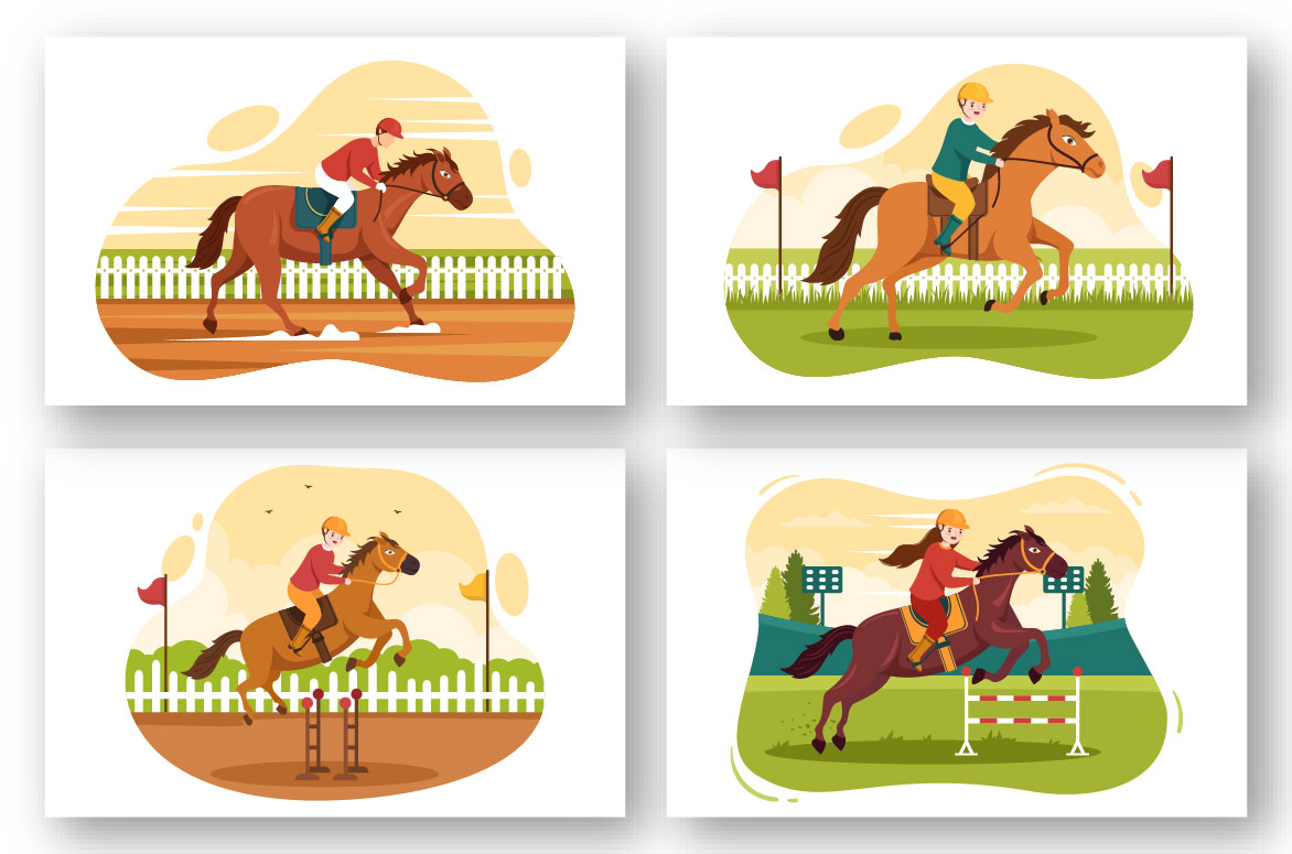 Set of cartoon images with jockeys on horseback.