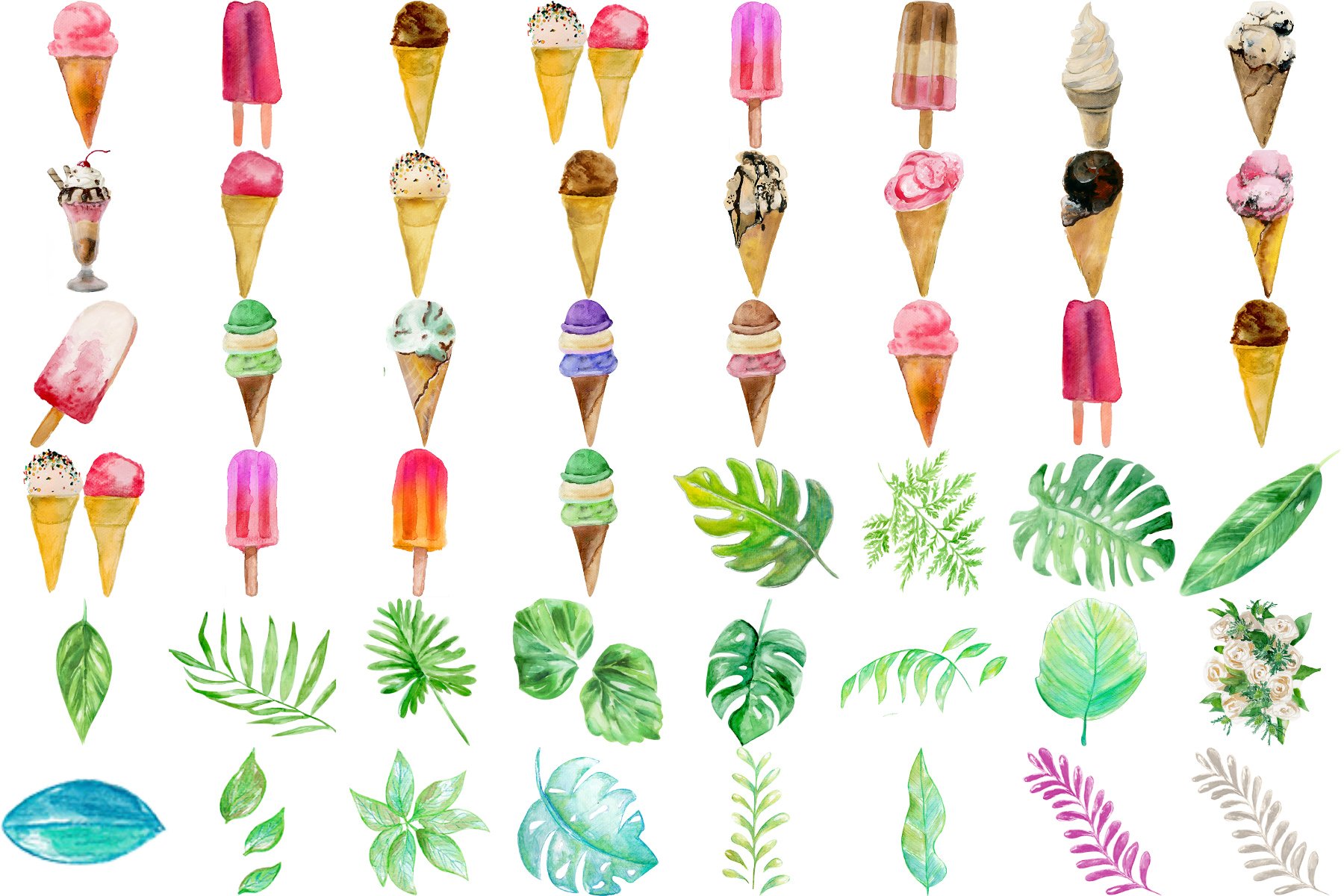 Watercolor ice creams and plants.